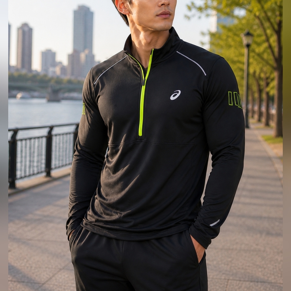 Asics Black 1/2 Zip Performance Jacket Neon Green Trim Running Pullover Size XL